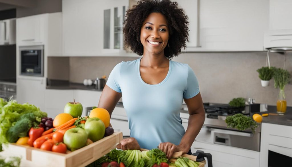 A woman preparing a healthy meal at home, showcasing how to lose weight without exercise through mindful nutrition.