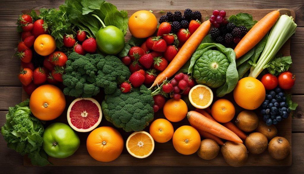 A vibrant image of a variety of colorful fruits, vegetables, and nuts arranged on a table, representing the top foods to boost immunity.